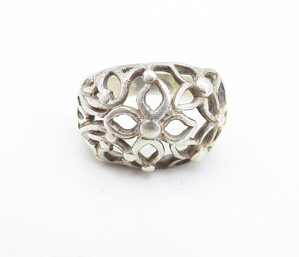 925 Sterling Silver  Vintage Open Flowers Motif Dome Band Ring Sz 8.5  RG7084
