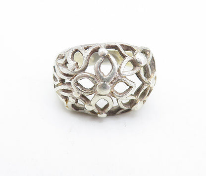 925 Sterling Silver  Vintage Open Flowers Motif Dome Band Ring Sz 8.5  RG7084