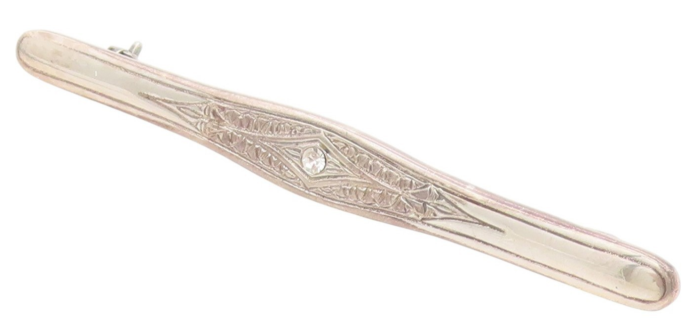 925 Sterling Silver Vintage Brooch Pin Round Cut CZ Etched Floral Bar  BP12201
