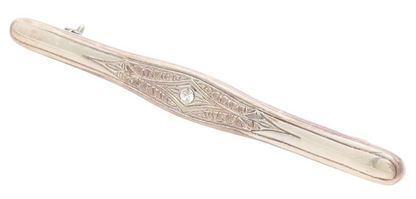 925 Sterling Silver Vintage Brooch Pin Round Cut CZ Etched Floral Bar  BP12201