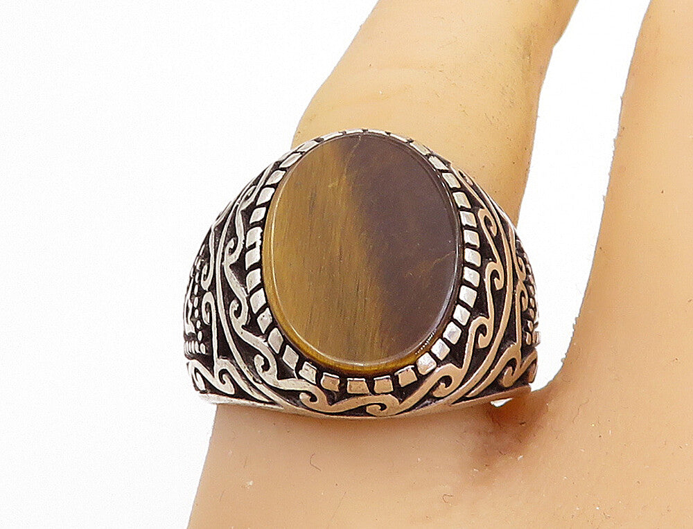 925 Sterling Silver Vintage Inlaid Tiger's Eye Dome Band Ring Sz 10.5 RG7362