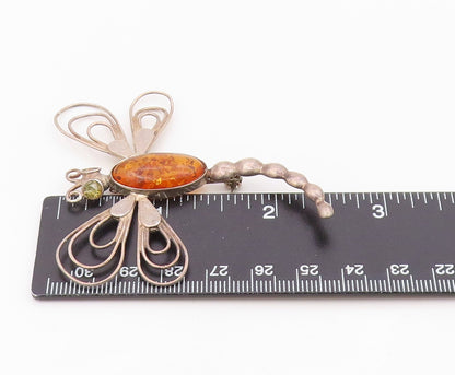925 Sterling Silver Vintage Brooch Pin Cabochon Amber Winged Dragonfly  BP12579
