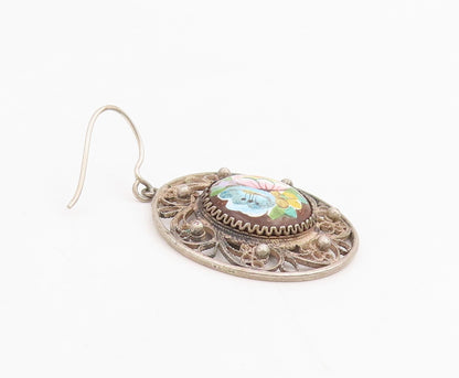925 Sterling Silver Vintage Earrings Floral Enamel Filigree Dangle  EG14079