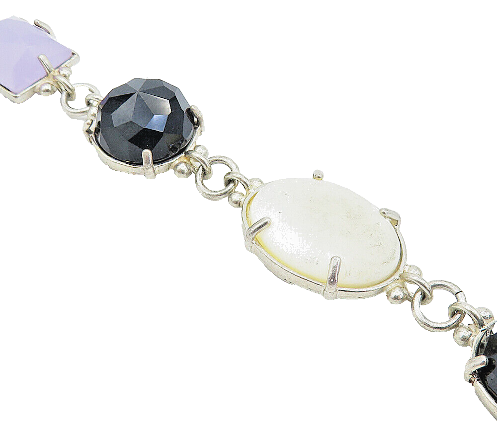 925 Silver  Vintage Hematite Mother Of Pearl & Amethyst Chain Bracelet  BT3013