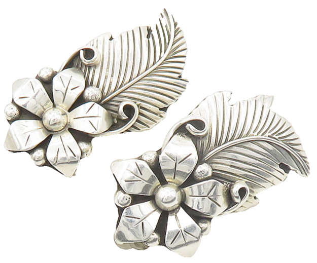 MEXICO 925 Sterling Silver  Vintage Floral Motif Non Pierce Earrings  EG9639