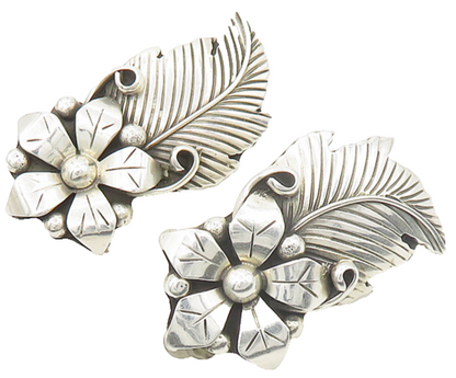 MEXICO 925 Sterling Silver  Vintage Floral Motif Non Pierce Earrings  EG9639