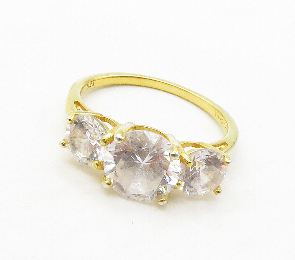 925 Sterling Silver  Cubic Zirconia Gold Plated 3 Stone Band Ring Sz 6 RG16826