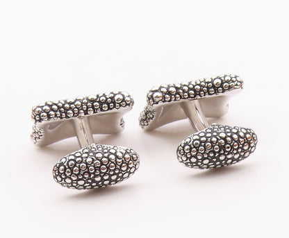 925 Sterling Silver  Shiny Cobble Border Two Tone Square Cuff Links  TR1794