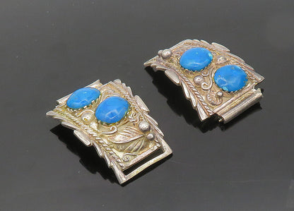 NAVAJO 925 Sterling Silver  Vintage Turquoise Floral Swirl Watch Clips  TR2718