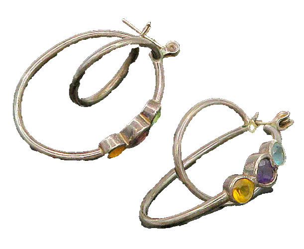 925 Sterling Silver  Vintage Topaz Amethyst & Citrine Hoop Earrings  EG11412