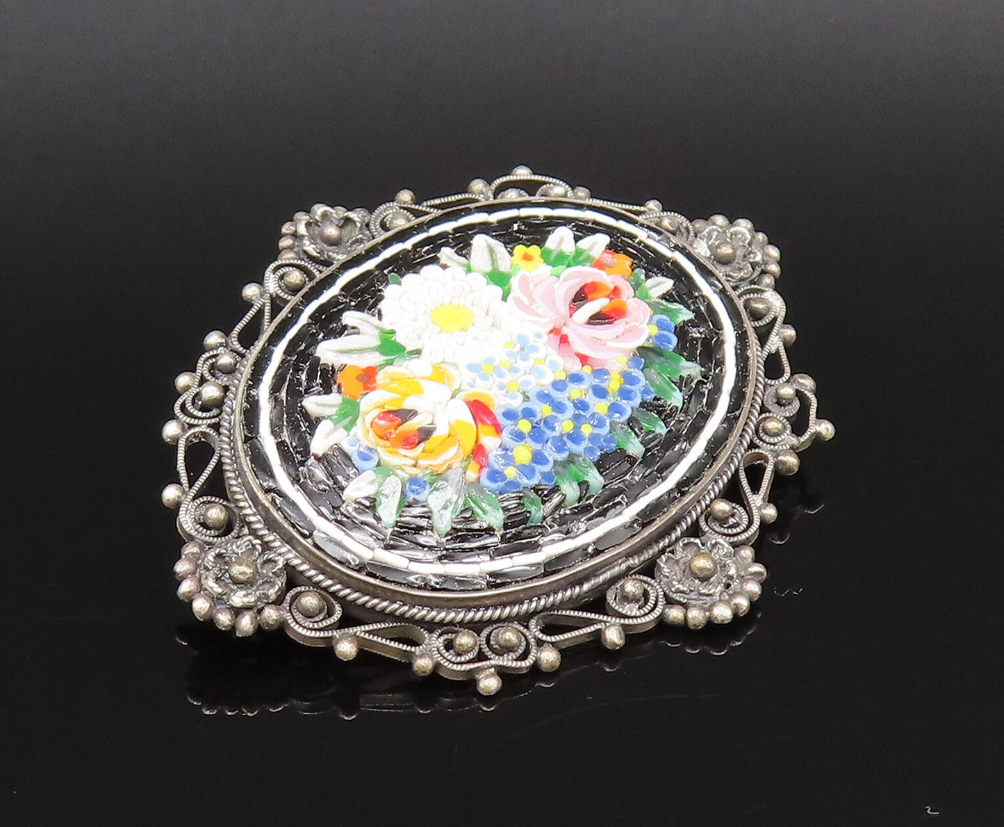 925 Sterling Silver Vintage Floral Enamel Art Beaded Border Brooch Pin BP10053