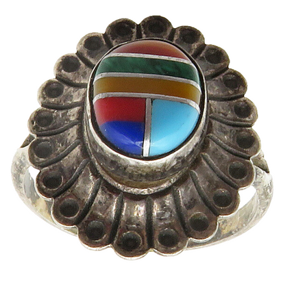 ZUNI 925 Silver Vintage Malachite & Multi Stone Band Ring Sz 5.5 RG15366