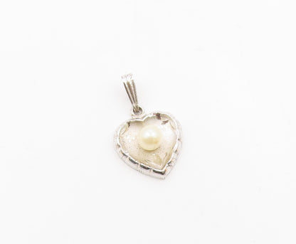 925 Sterling Silver  Vintage Cultured Pearl Concave Love Heart Pendant PT21154