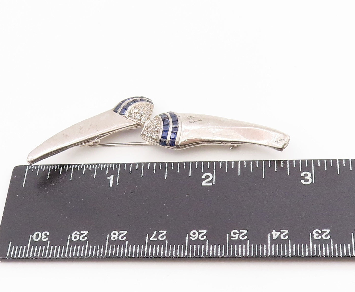 925 Sterling Silver Vintage Brooch Pin Real Diamonds & Sapphire Curves  BP12192