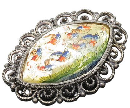 ISRAEL 925 Silver  Vintage Mother Of Pearl Art Swirl Border Brooch Pin  BP7797