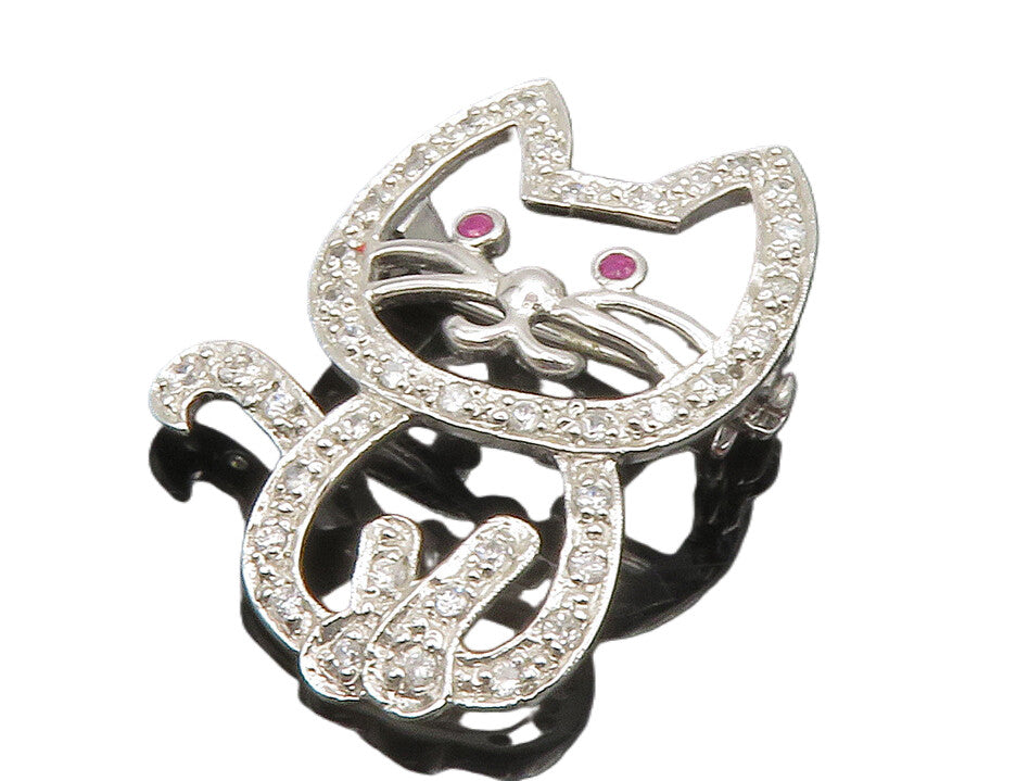 925 Sterling Silver  Shiny Pink & White Topaz Sitting Cat Brooch Pin  BP4901