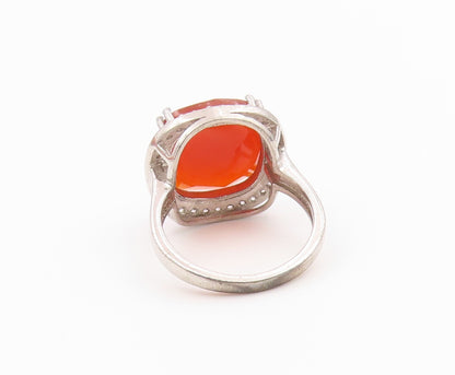 925 Sterling Silver Vintage Ring Faceted Carnelian Halo CZ Band  Sz 7.5  RG36569