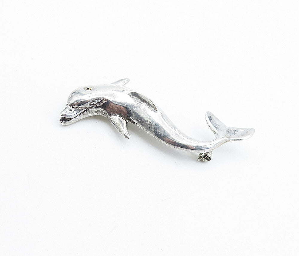 925 Sterling Silver  Vintage Shiny Leaping Dolphin Motif Brooch Pin  BP2534