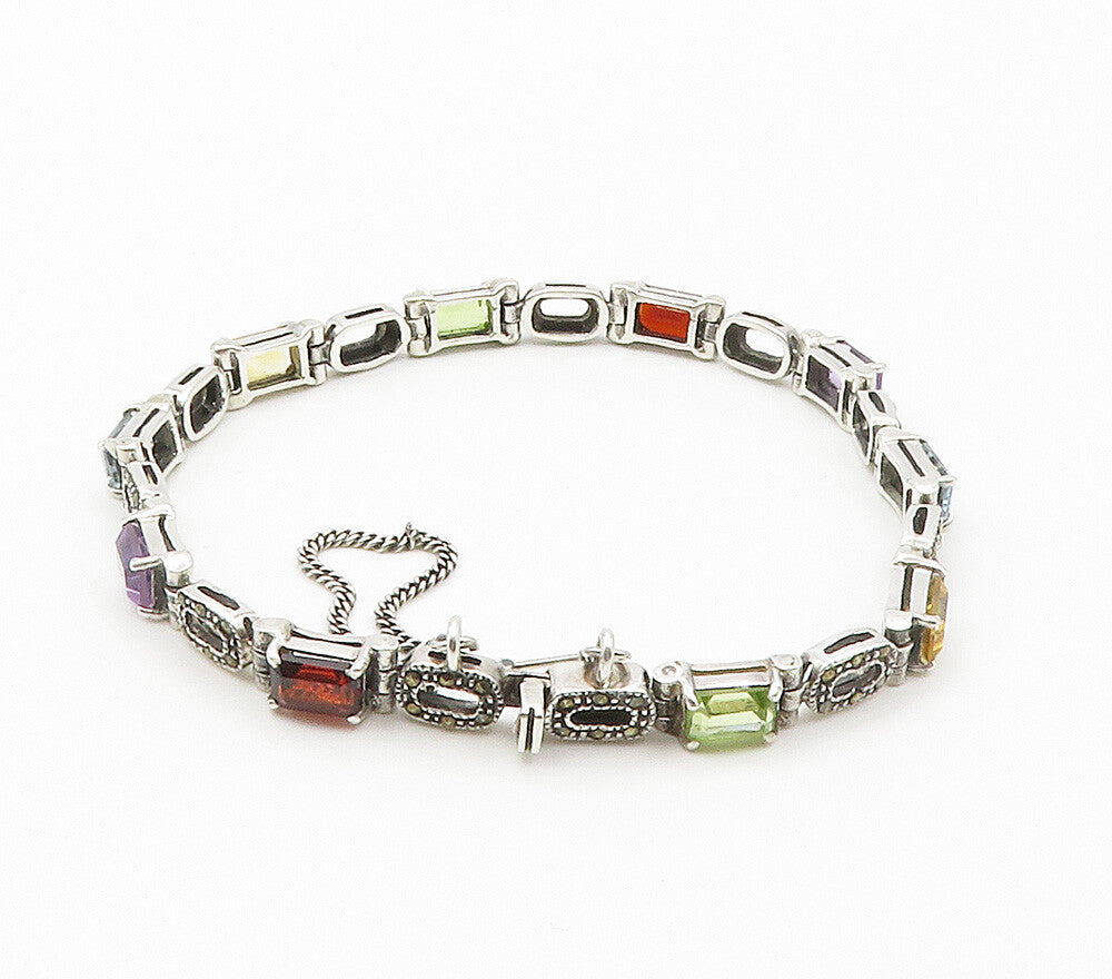 925 Sterling Silver Peridot Topaz & Multi Stone Shiny Chain Bracelet BT6074
