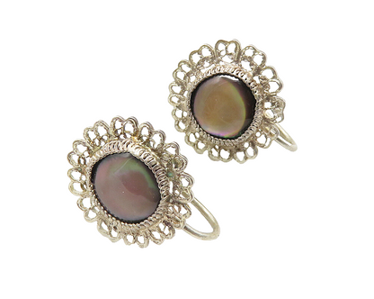925 Sterling Silver  Vintage Abalone Shell Floral Non Pierce Earrings  EG5708
