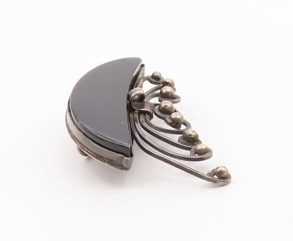 925 Sterling Silver  Vintage Black Onyx Dark Tone Swirl Brooch Pin  BP7952