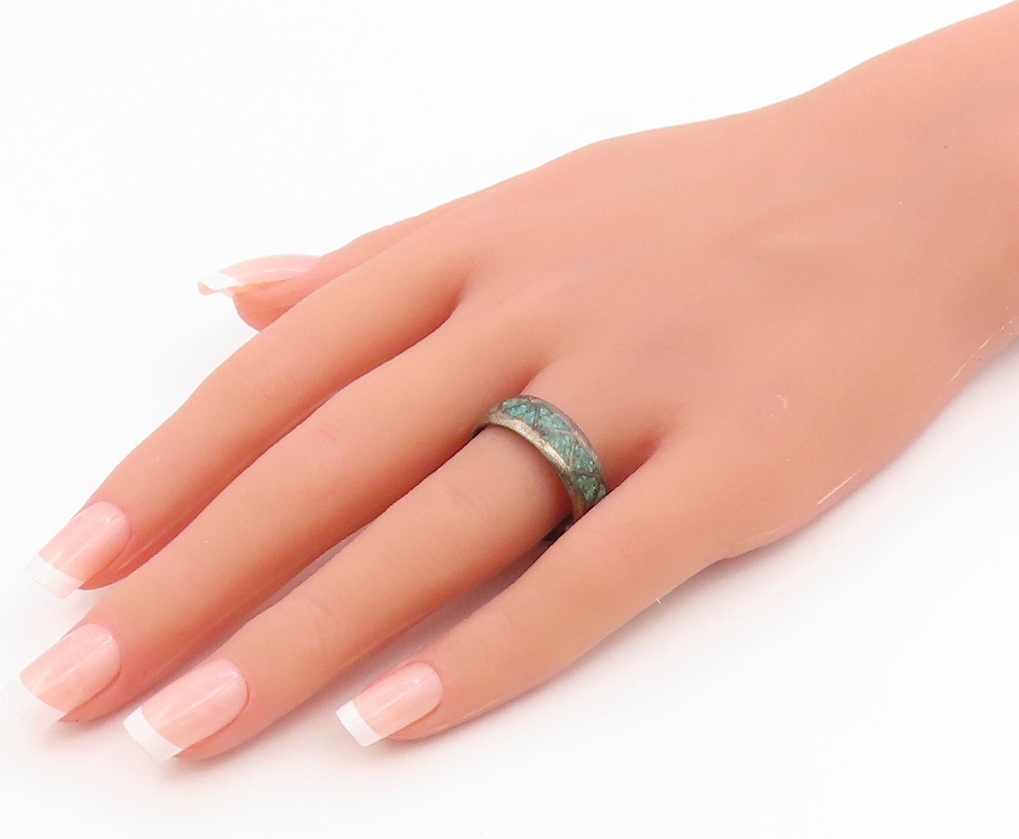 925 Sterling Silver Vintage Ring Crushed Turquoise Triangle Inlay Sz 10 RG35686