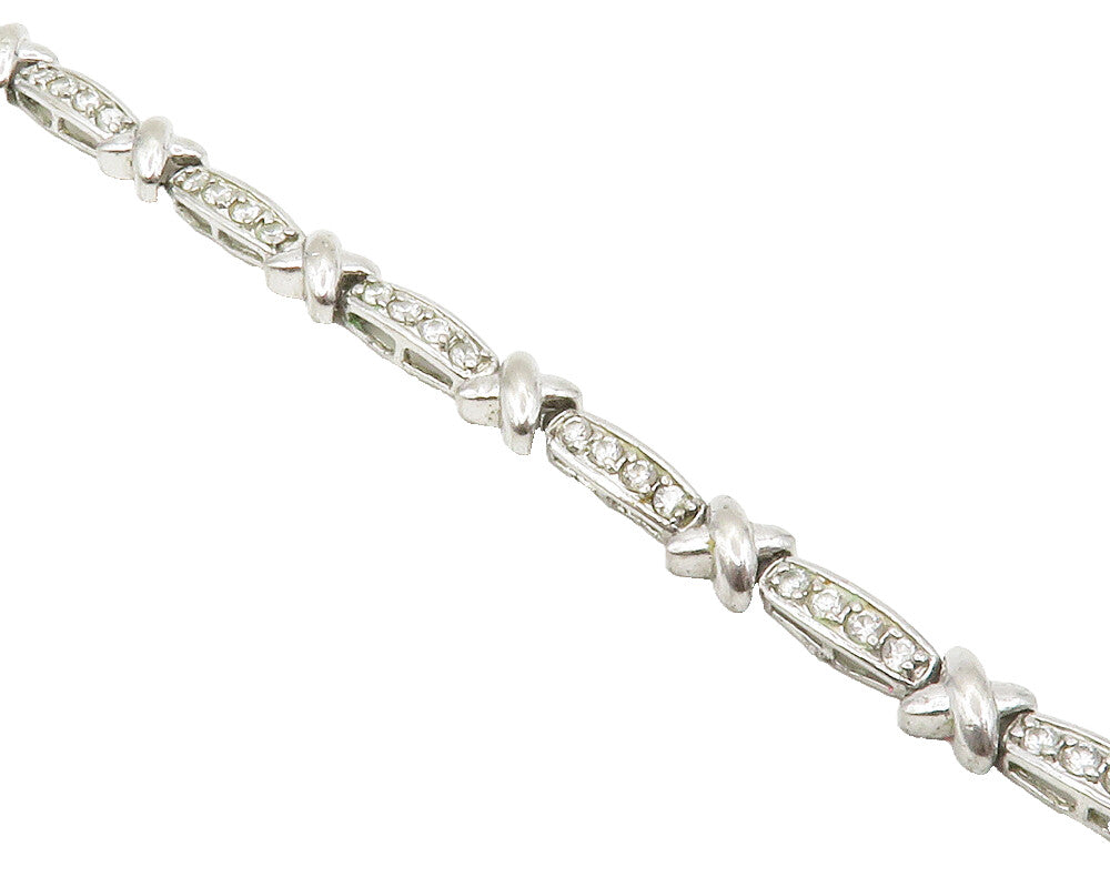 925 Sterling Silver  Shiny White Topaz X Bar Link Chain Bracelet  BT5238