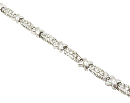925 Sterling Silver  Shiny White Topaz X Bar Link Chain Bracelet  BT5238