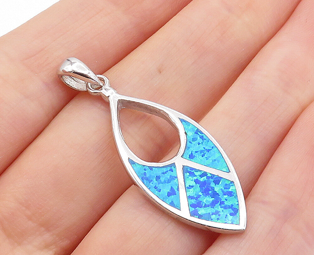 925 Sterling Silver  Shiny Inlaid Blue Fire Opal Pattern Drop Pendant  PT5590
