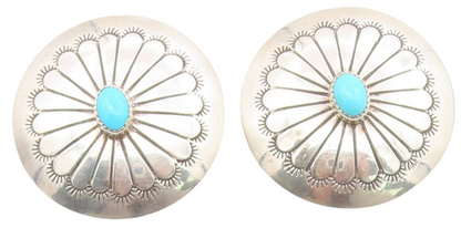 925 Sterling Silver Vintage Earrings NAVAJO Turquoise Etched Conchos  EG13964