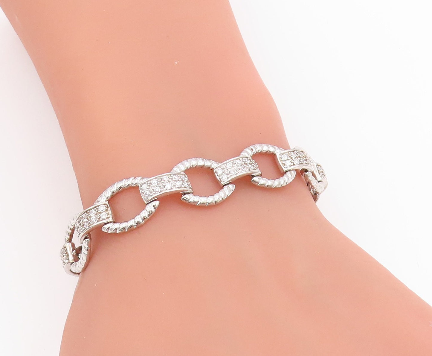 925 Sterling Silver Vintage Bracelet Round Cut CZ Elegant Open Link  BT11699