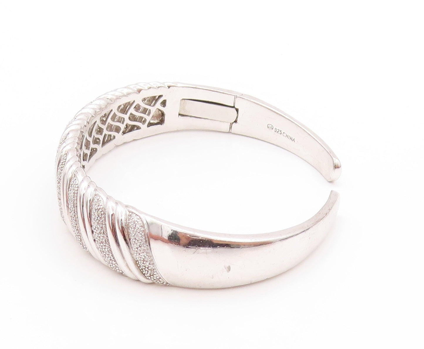 925 Sterling Silver Vintage Bracelet Swirls Etched Diamonds Inlay Cuff  BT11197