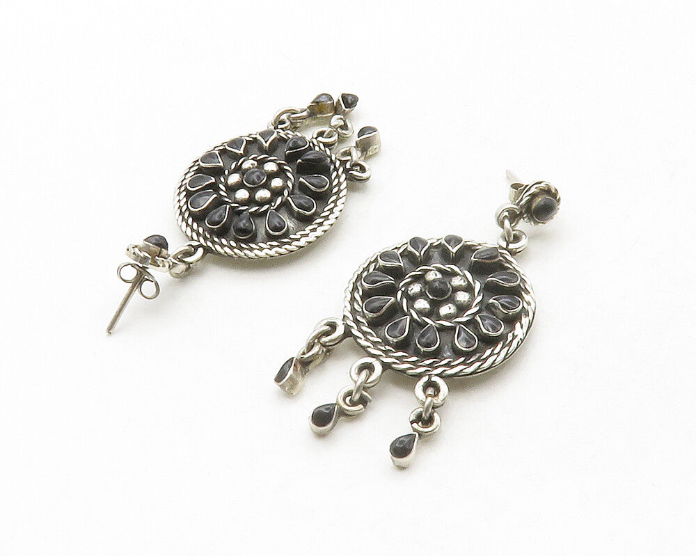 MEXICO 925 Sterling Silver  Vintage Black Onyx Floral Dangle Earrings  EG6810