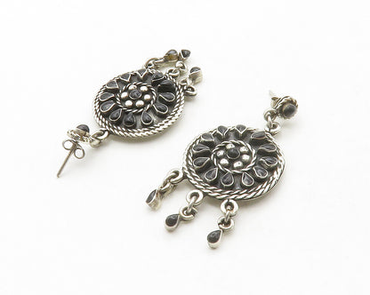 MEXICO 925 Sterling Silver  Vintage Black Onyx Floral Dangle Earrings  EG6810