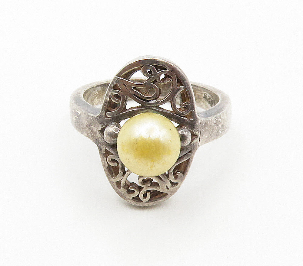 925 Sterling Silver  Vintage Golden Pearl Swirl Vine Band Ring Sz 7  RG15508