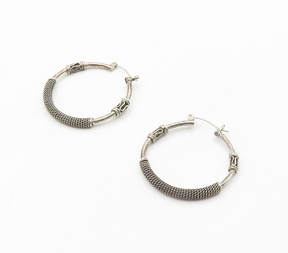 925 Sterling Silver  Vintage Dark Tone Rope Twist Swirl Hoop Earrings  EG7815