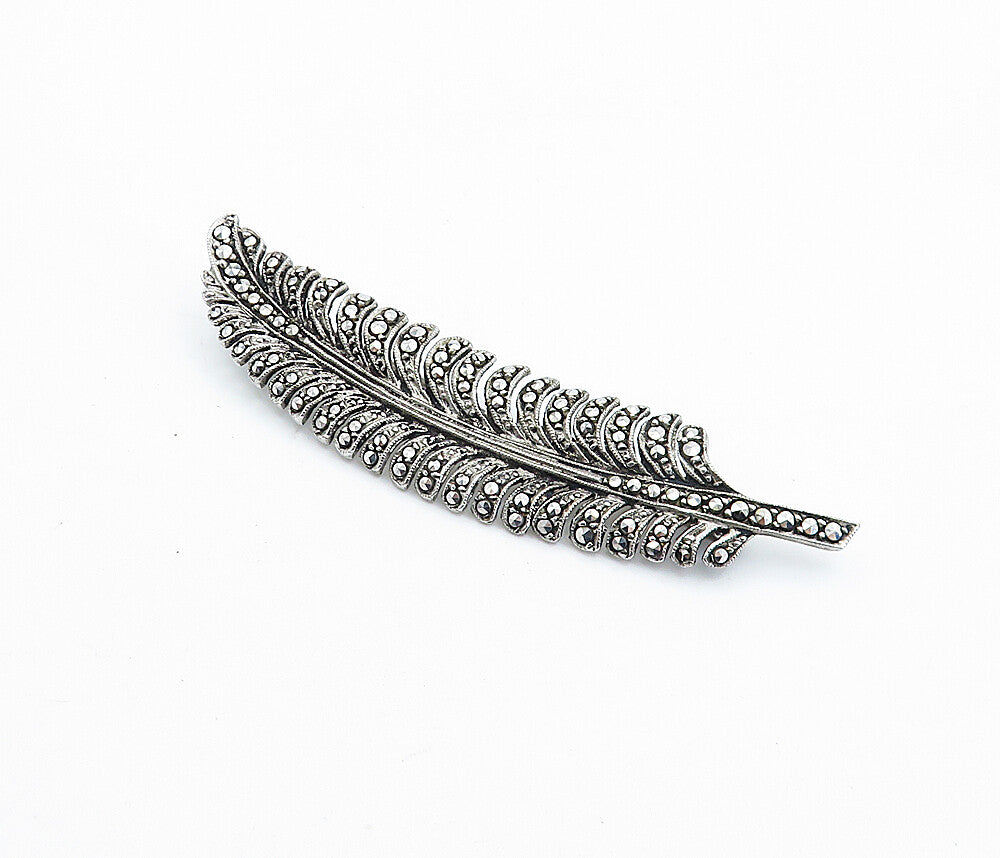 BELGIUM 925 Sterling Silver  Vintage Sparkling Feather Brooch Pin  BP1361