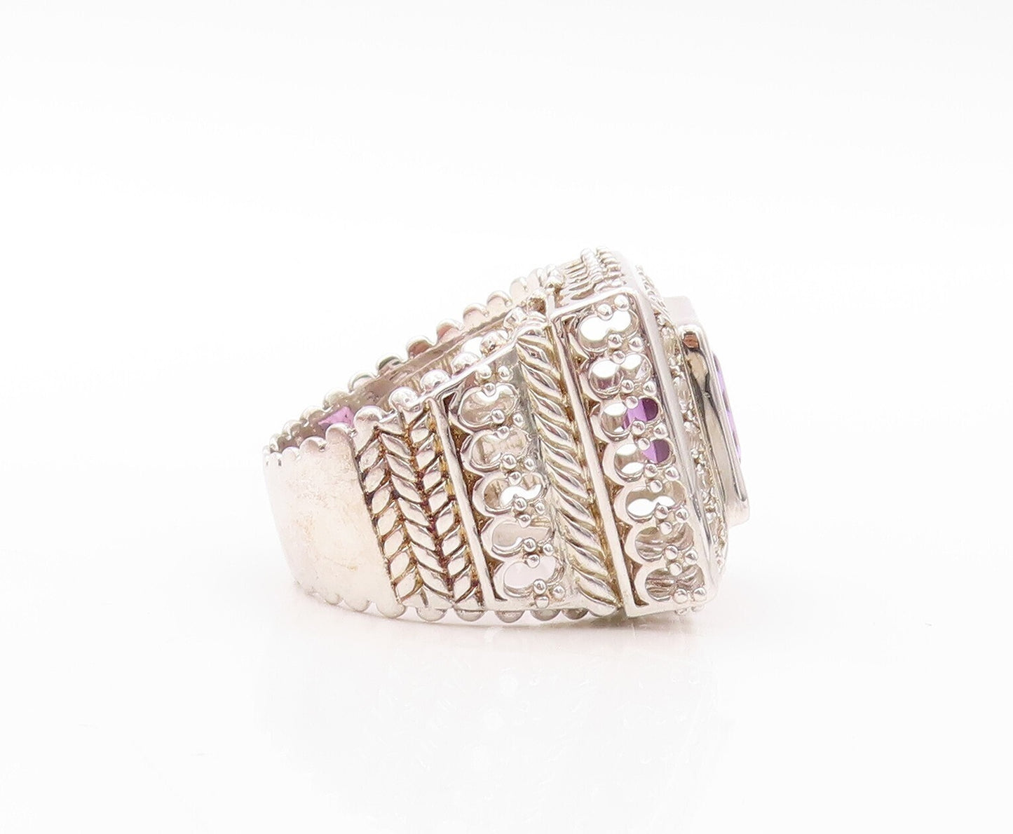 925 Sterling Silver Vintage Ring Swirly Carved Square Cut Amethyst Sz 7  RG30831