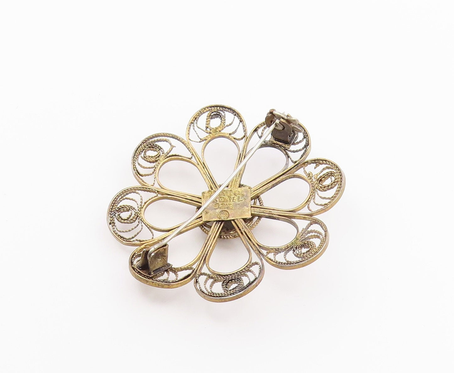 ISRAEL 925 Sterling Silver  Vintage Topaz Filigree Flower Brooch Pin  BP3606