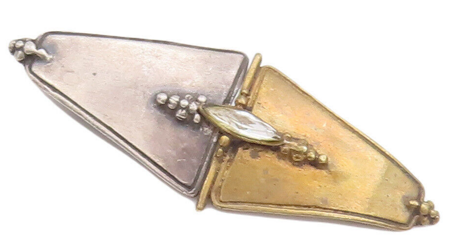 925 Sterling Silver Vintage Brooch Pin Two Tone Beaded Triangles Topaz  BP10925
