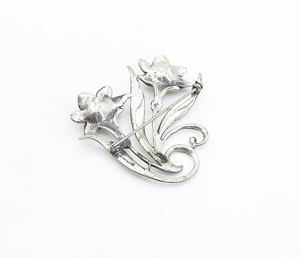 925 Sterling Silver  Vintage Shiny Oxidized Sculpted Flowers Brooch Pin BP2254