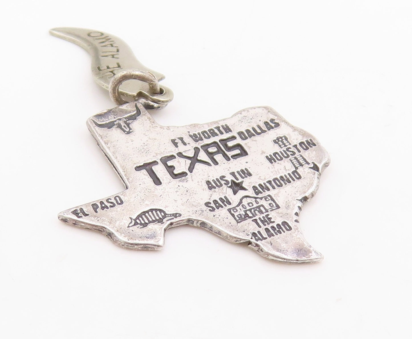 925 Sterling Silver Vintage Pendant Texas State Map With City Engravings PT25394