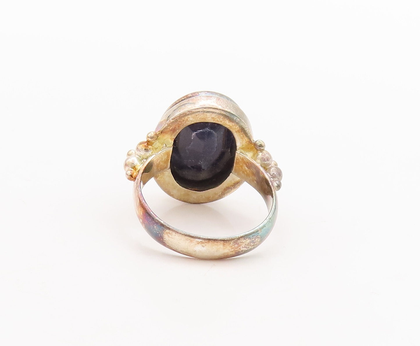 925 Sterling Silver Vintage Ring Beaded Oval Cut Blue Gemstone Sz 7  RG29700