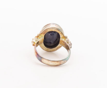 925 Sterling Silver Vintage Ring Beaded Oval Cut Blue Gemstone Sz 7  RG29700