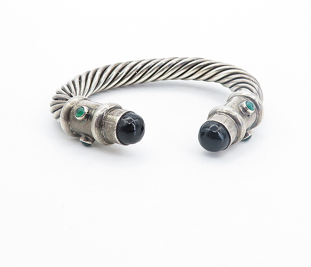 MEXICO 925 Silver  Vintage Black Onyx & Green Topaz Twist Cuff Bracelet BT3514