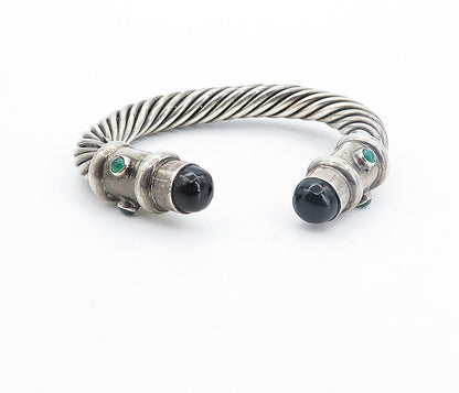 MEXICO 925 Silver  Vintage Black Onyx & Green Topaz Twist Cuff Bracelet BT3514