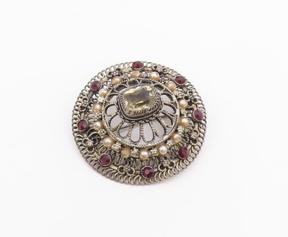 925 Sterling Silver  Vintage Pearls Topaz & Amethyst Floral Brooch Pin  BP3468