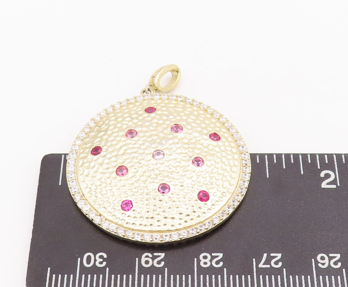 925 Sterling Silver Vintage Pendant Round Dented 2 Tone Gemstone Inlay PT22850