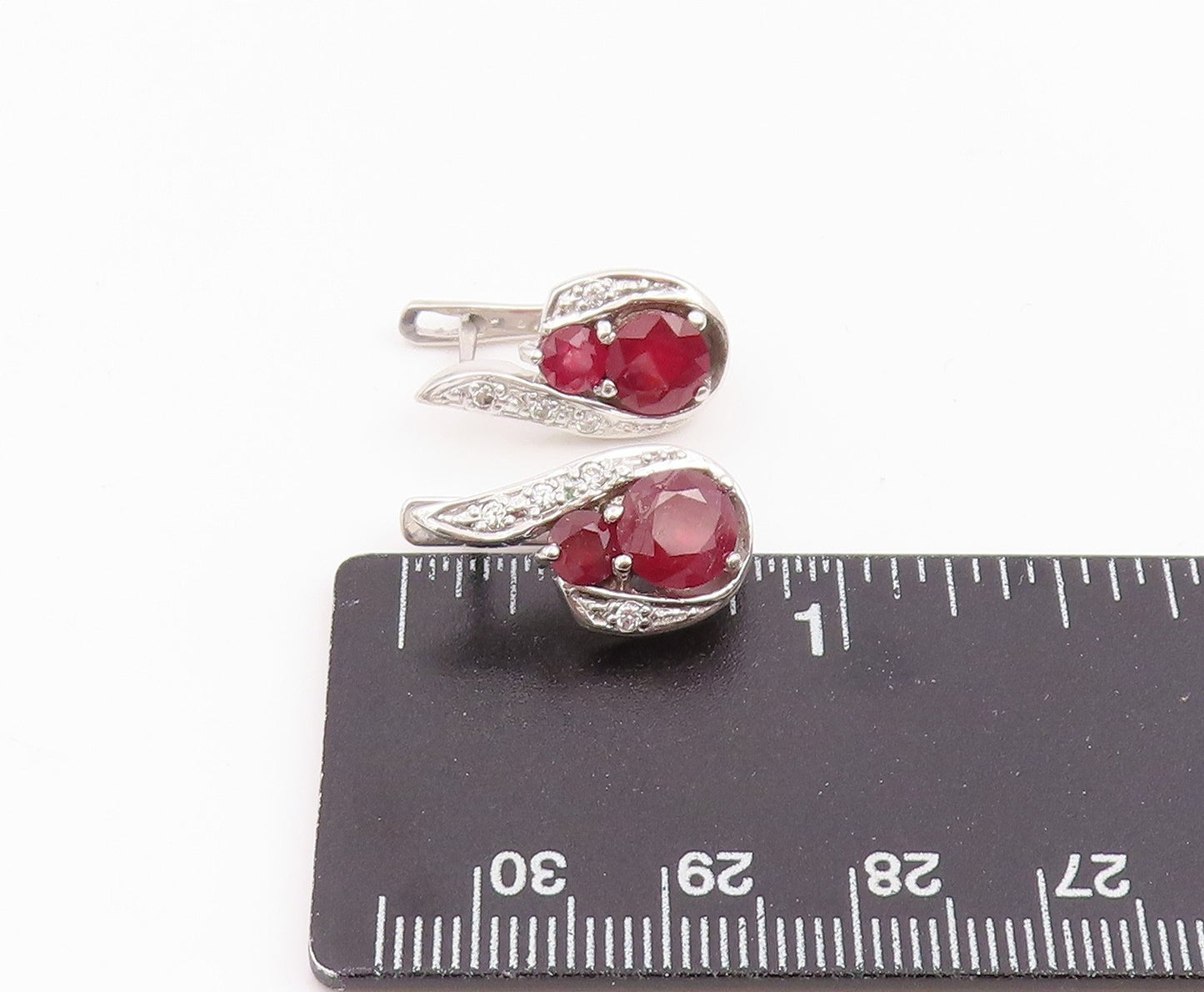 925 Sterling Silver Vintage Earrings Real Diamonds & Ruby Swirl Drop  EG14214