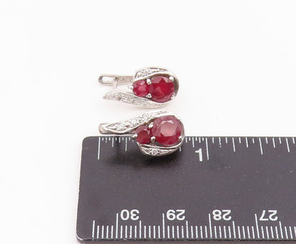 925 Sterling Silver Vintage Earrings Real Diamonds & Ruby Swirl Drop  EG14214